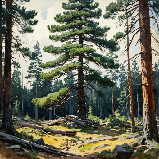 Watercolor Painting of Ancient Pine Tree in Finnish Forest