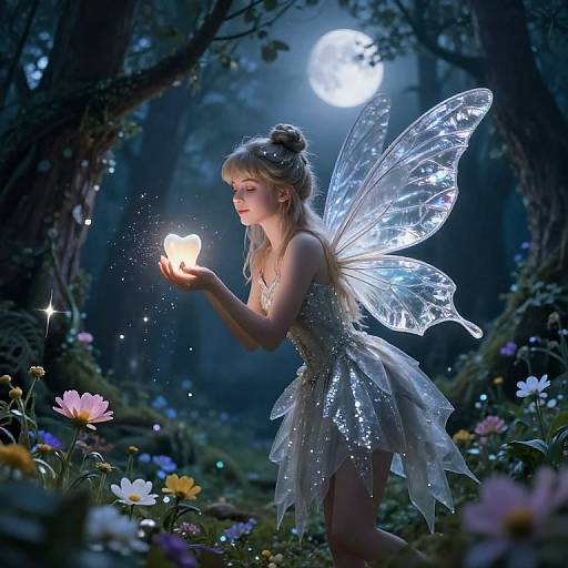 Fairy holding glowing firefly in moonlit forest, wearing sparkling silver dress with transparent wings, surrounded by colorful flowers. Digital art.