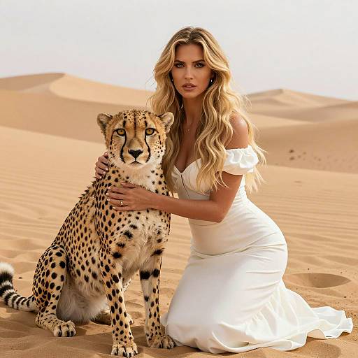 Woman and Cheetah in Desert Setting