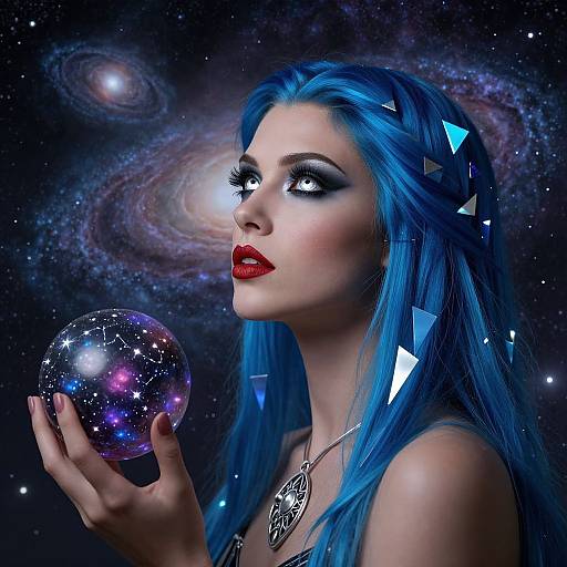 Photorealistic digital art of a woman with blue hair, red lipstick, holding a glowing, starry orb against a cosmic galaxy background. Triangular