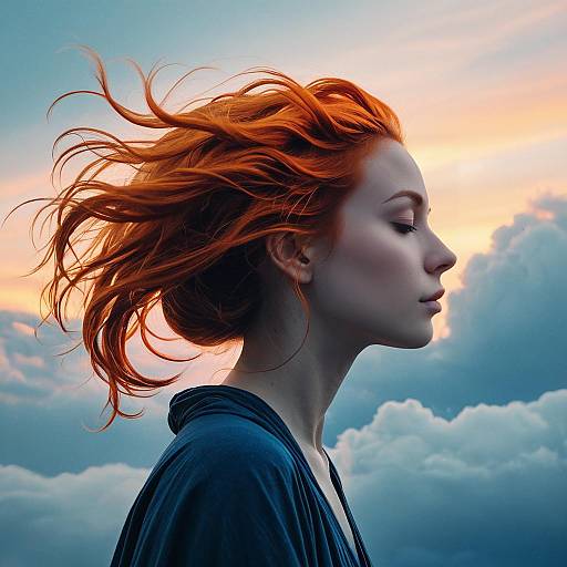 Profile of Woman with Fiery Orange Hair at Dawn