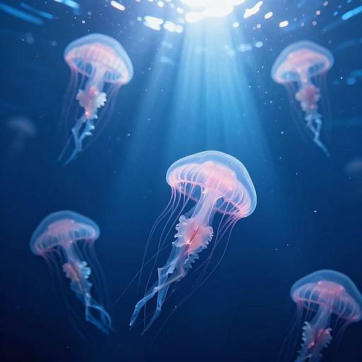 Photograph of glowing jellyfish with translucent pink and white bell-shaped bodies, floating in a deep blue underwater environment, illuminated by bright, sun-like lights