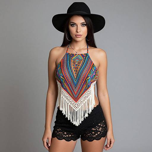 Photograph of a woman with long black hair, wearing a black hat, colorful beaded halter top with fringe, and black lace shorts, standing