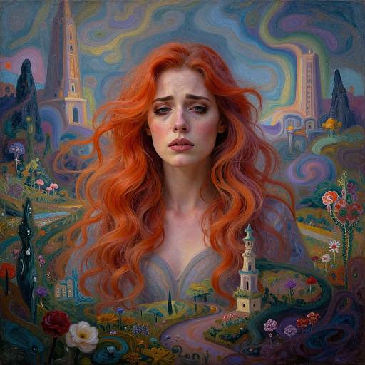 Digital painting of a melancholic woman with vibrant red hair, surrounded by surreal, colorful landscapes with fantastical buildings and swirling clouds.
