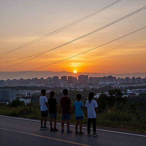 Photograph of five children standing on a road, silhouetted against a vibrant orange sunset, overlooking a city skyline with buildings and power lines in