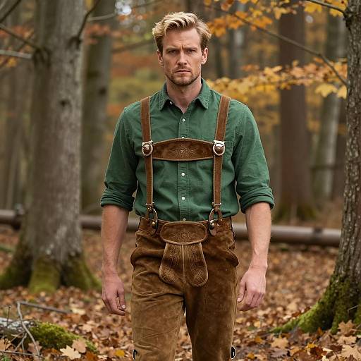 Man Wearing Lederhosen in Autumn Forest