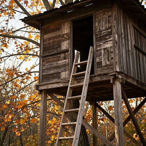 Photograph of an old, weathered wooden treehouse with a ladder, surrounded by autumn trees with vibrant orange leaves.