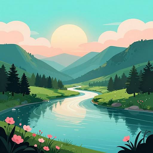 Stylized Tranquil Mountain River Sunrise
