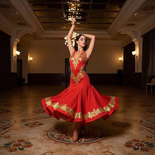 Photograph of a woman dancing in a grand hall, wearing a vibrant red dress with gold floral embroidery, under a chandelier.