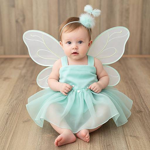 Photograph of a baby with fair skin, wearing a light blue fairy dress, translucent wings, and a white headband with a pom-pom,
