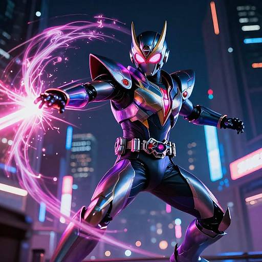 Digital artwork of a glowing, neon-lit superhero in a black and purple suit, wielding a circular pink energy blast in a futuristic cityscape at night