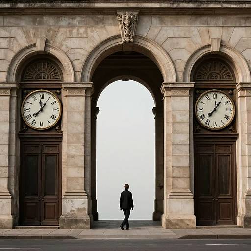Photograph of a solitary man walking through a large, arched stone doorway with two clock faces flanking him. Silhouette contrasts with bright sky.