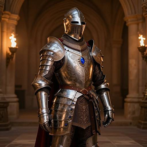 Photorealistic CGI of a medieval knight in shiny silver armor with blue gem, standing in a dimly lit, arched stone cathedral. Tall c