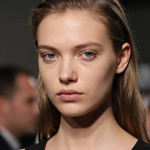 Photograph of a young, fair-skinned woman with blue eyes, straight blonde hair, and neutral expression, wearing a black top, with a blurred