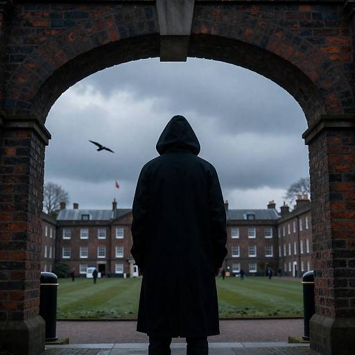 Mysterious Cloaked Figure Under Archway