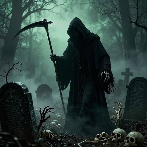Photograph-style digital artwork of a dark, hooded reaper with long, ragged cloak, holding a scythe, standing in a foggy