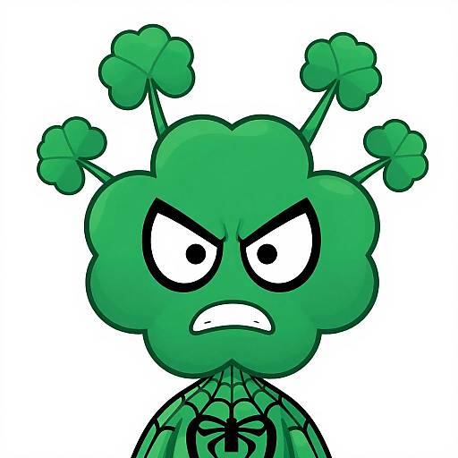 Cartoon green alien with angry expression, large white eyes, clover-shaped antennae, and green patterned outfit, set against a white background.