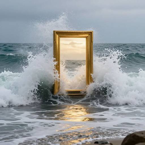 Photograph of a golden-framed, illuminated rectangular mirror emerging from ocean waves, reflecting sunset, with white sea foam surrounding it.