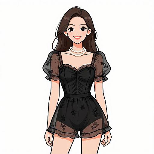 Anime-style digital drawing of a smiling woman with long brown hair, wearing a black, sheer, floral-patterned dress, and white pearl necklace.
