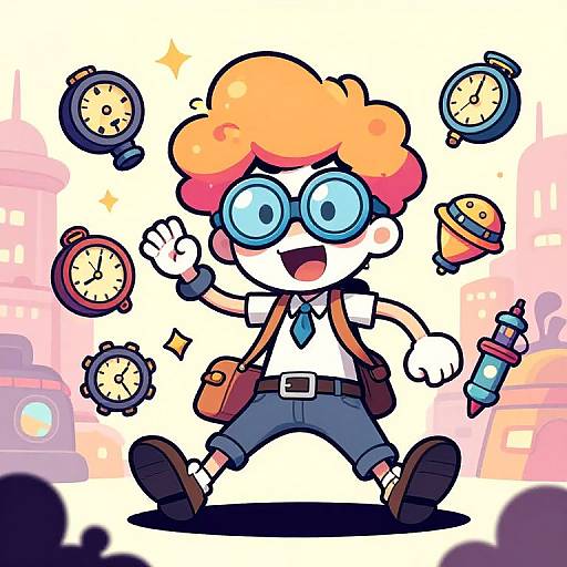 Cartoon boy with orange hair, blue glasses, white shirt, blue tie, and gray shorts, energetically juggling clocks and a syringe