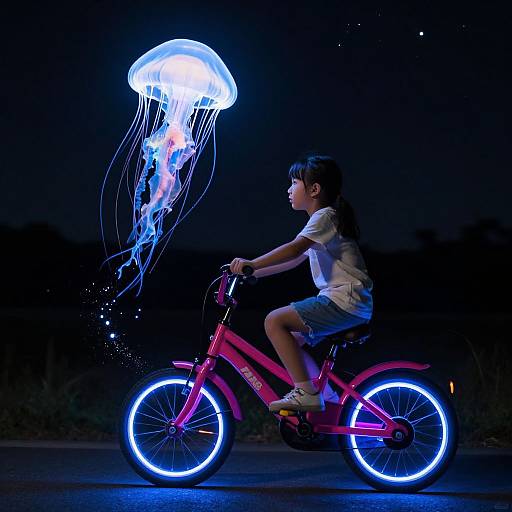Photograph of a young Asian girl with black hair riding a neon pink bike with glowing blue wheels, chasing a glowing blue jellyfish against a dark night