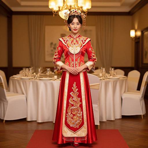 Photograph of an Asian woman in a detailed red and gold traditional dress with intricate embroidery, standing in an elegant banquet hall.