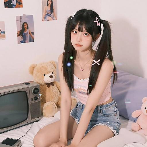 Y2K Asian Girl in Pastel Bedroom