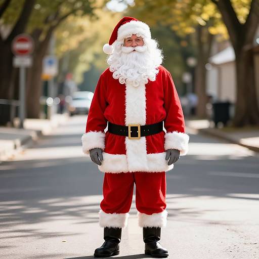 Sunlit Santa Claus on Tree-Lined Street