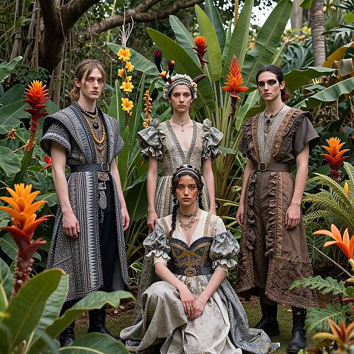 Photograph: Four people in elaborate, Victorian-style, patterned dresses stand amidst lush, tropical plants with vibrant orange flowers. Forest background.