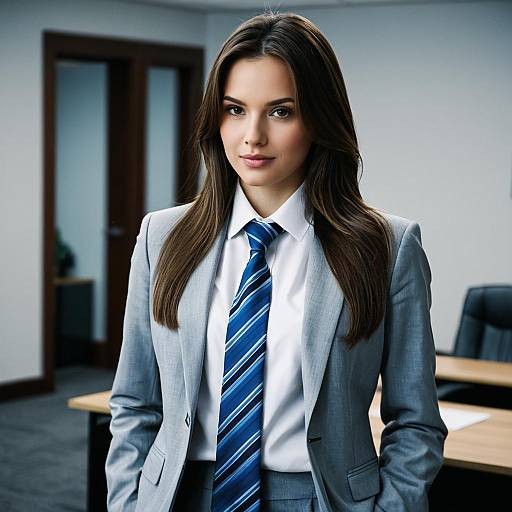 Confident businesswoman in grey suit with blue necktie