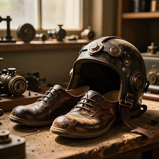 Vintage leather shoes beside an old, worn motorcycle helmet on a wooden workbench, with camera parts and a window in the blurred background. (Photograph