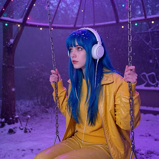 Photograph of a woman with vibrant blue hair, white headphones, yellow jacket, and pants, sitting on a swing in a snow-covered, purple-l