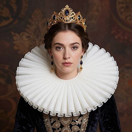 Photograph of a pale-skinned woman with dark brown hair, wearing a gold crown, white ruffled collar, black velvet dress, and black earrings