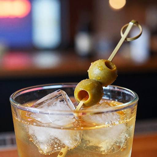 Close-up photograph of a glass cocktail with ice, garnished with a skewered olive, in a dimly lit bar.