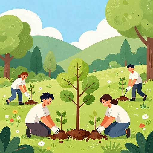 Joyful Tree Planting Community Scene