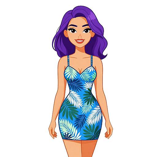 Digital cartoon of a smiling woman with purple hair, wearing a blue, tropical-patterned, strapless mini dress, standing against a white background.