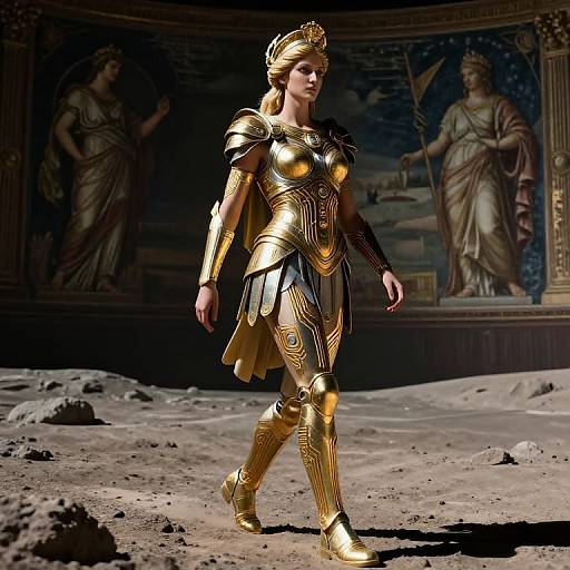 Digital artwork of a blonde woman in golden Roman-style armor walking on a rocky, moon-like surface with classical paintings in the background.