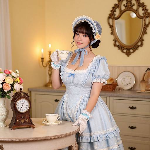 Photorealistic image of an East Asian woman in a light blue Victorian maid dress with lace, standing in a vintage kitchen, beside a table with a