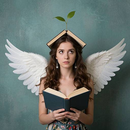 Photograph of a young woman with long brown hair, white angel wings, and a book balanced on her head with a leaf sprouting, reading against