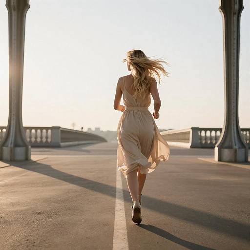 Blonde Woman Running on Sunlit Bridge