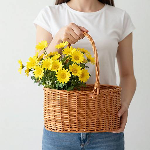 Woman Holding Basket of Yellow Flowers