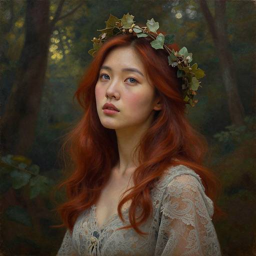 Digital painting of an ethereal, fair-skinned woman with long red hair, wearing a leafy crown and lace dress, set in a dark,