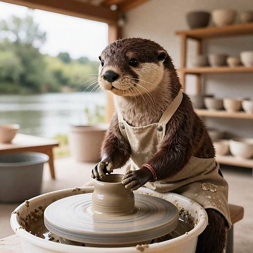 Anthropomorphic Otter Shaping Clay on Pottery Wheel
