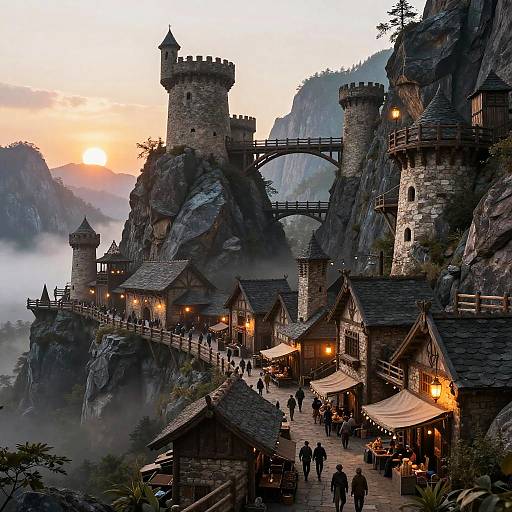 Fantastical medieval village nestled on rocky cliffs, featuring stone towers, wooden houses, lanterns, and a bridge at sunset. People walk along a