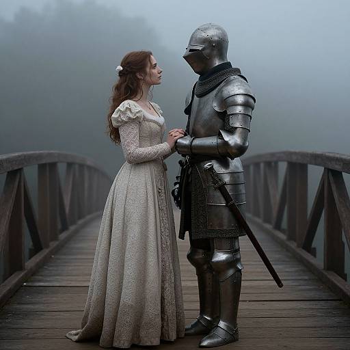 Photograph of a fair-skinned woman in a white lace gown holding hands with a silver-armored knight on a foggy wooden bridge.