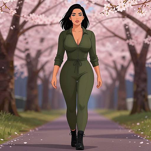 Digital illustration of a confident woman with black hair, green jumpsuit, and black boots, walking down a cherry blossom-lined path.