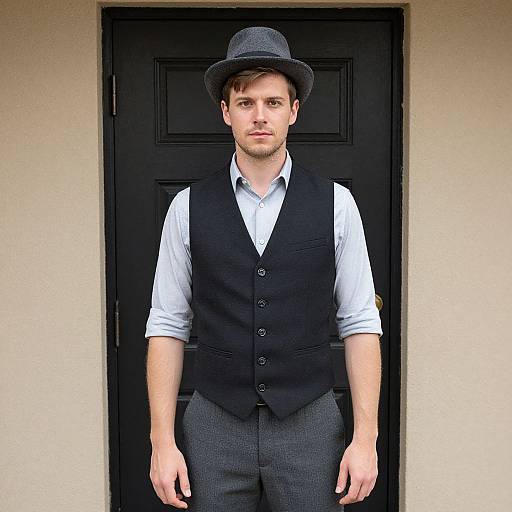 Photograph of a young Caucasian man with short brown hair, wearing a gray bowler hat, white shirt, black vest, and gray pants, standing