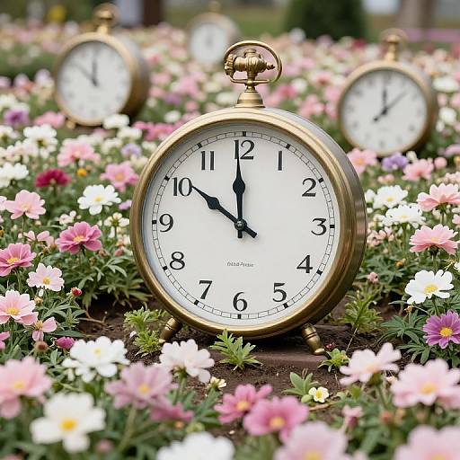 Photograph of a brass pocket watch surrounded by pink, white, and yellow flowers, with three more clock faces blurred in the background.