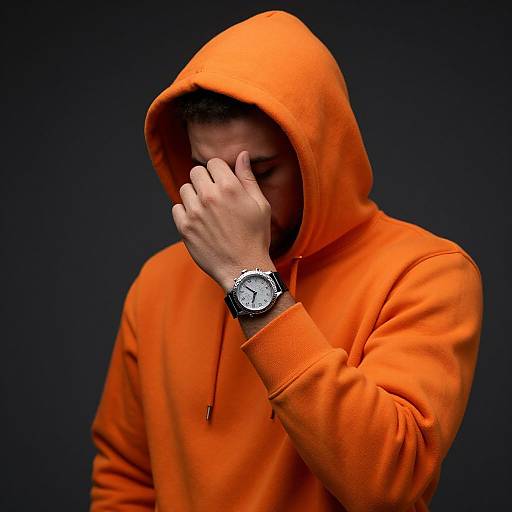 Photograph of a bearded man wearing an orange hoodie with the hood up, covering his face with his hand, silver wristwatch visible, against a