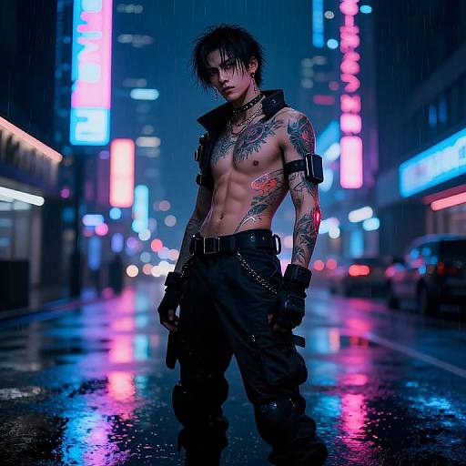 Tattooed, shirtless, androgynous cyberpunk figure in dark pants and gloves stands in a neon-lit, rainy urban street